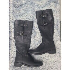 Jaymes black leather tall riding boots featuring double buckle strap Size 10